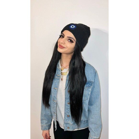 NO BAD VIBES EVIL EYE BLACK BEANIE - Picture 3 of 4